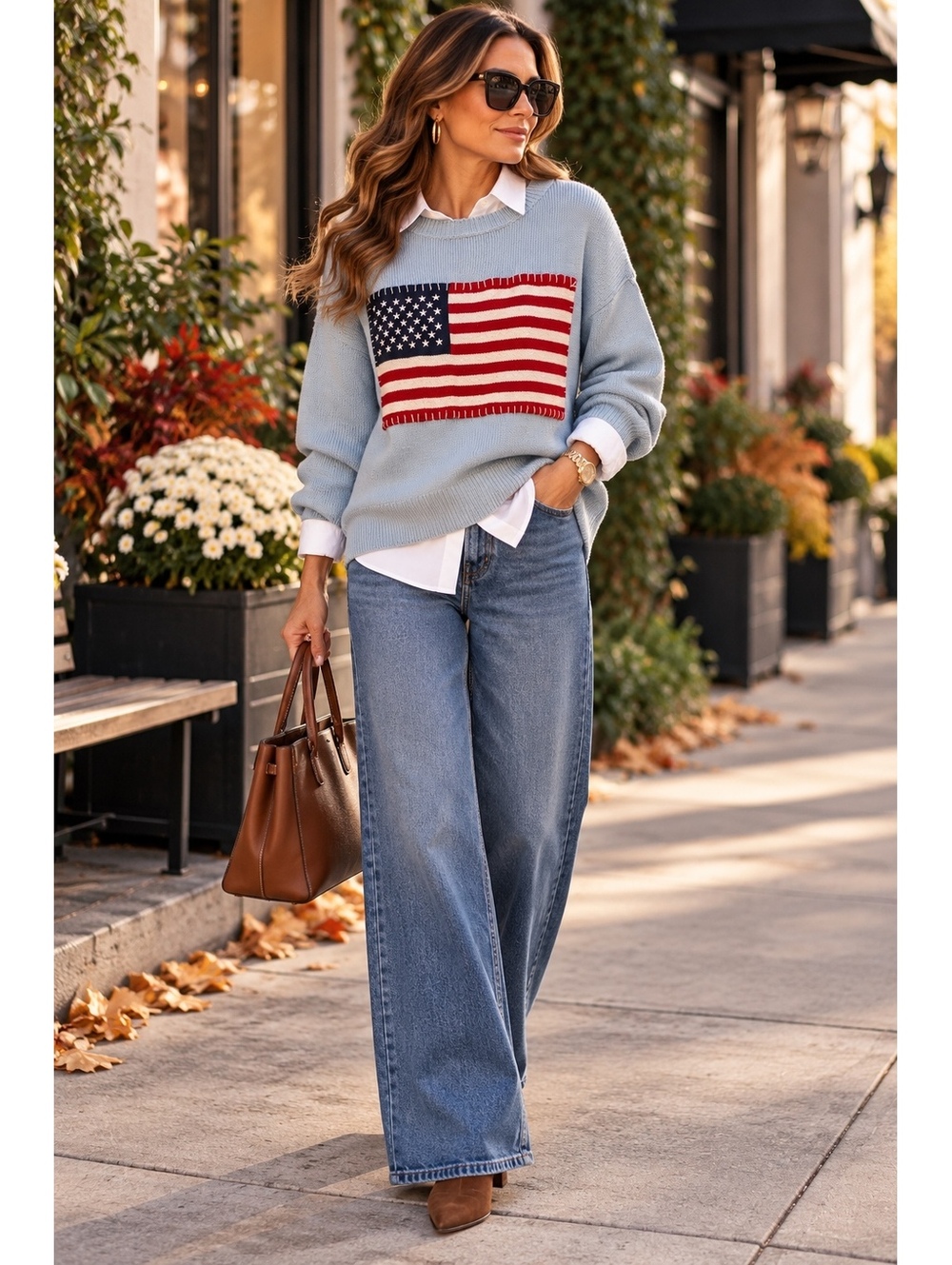 Simply Southern Light Blue Americana Coastal Preppy Knit Sweater-Size XL